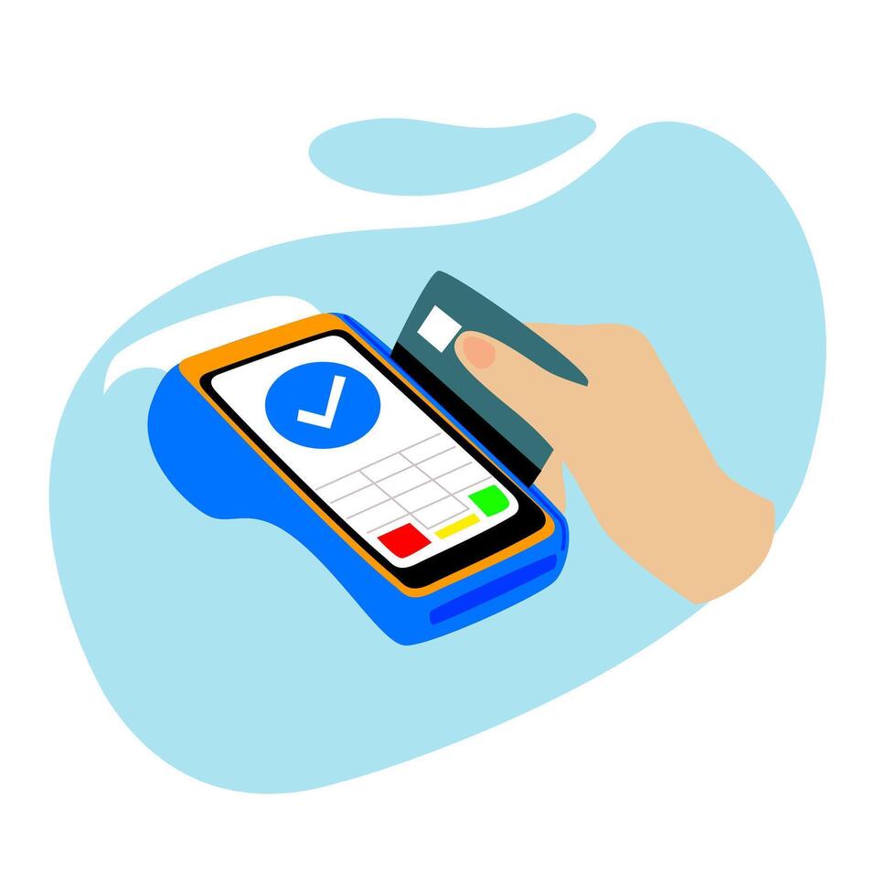 Credit Card Payment A hand holding a credit card near a payment terminal vector