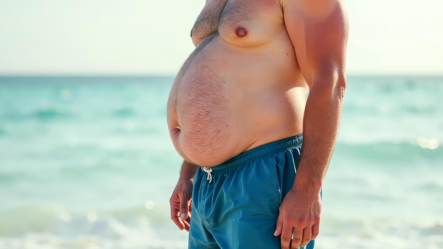Fat man with big belly standing on beach against sea background close up. obesity concept photo