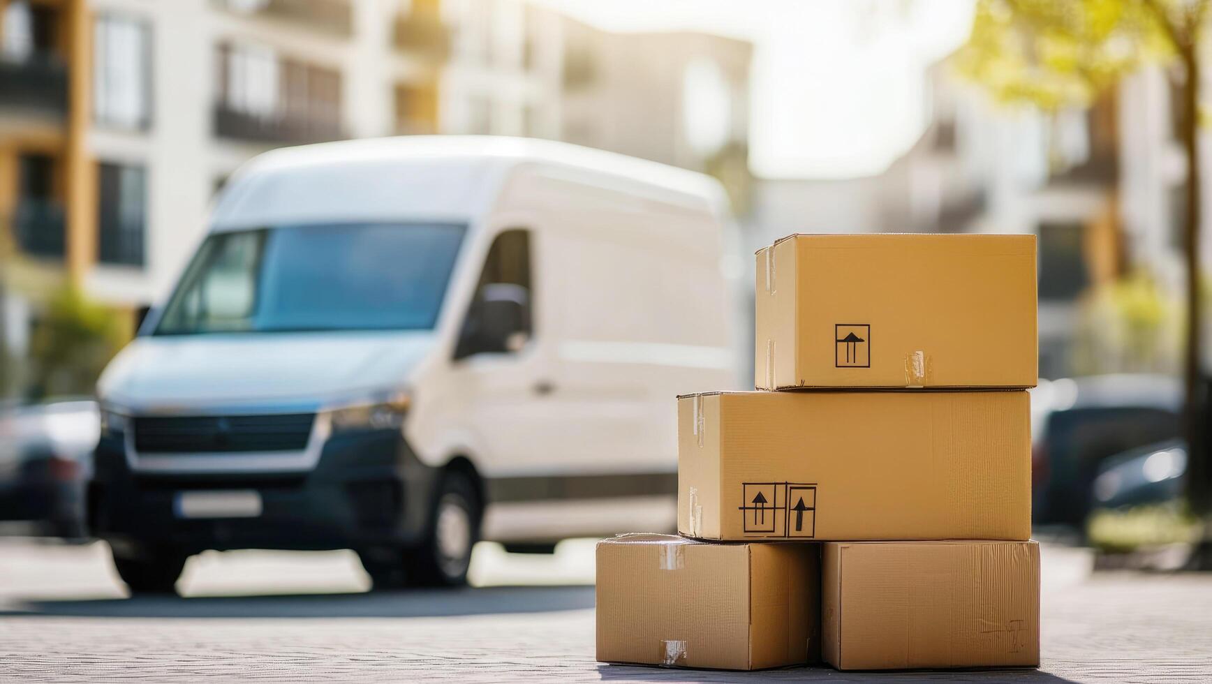 Delivery service with packages placed outside in an urban neighborhood during daylight photo