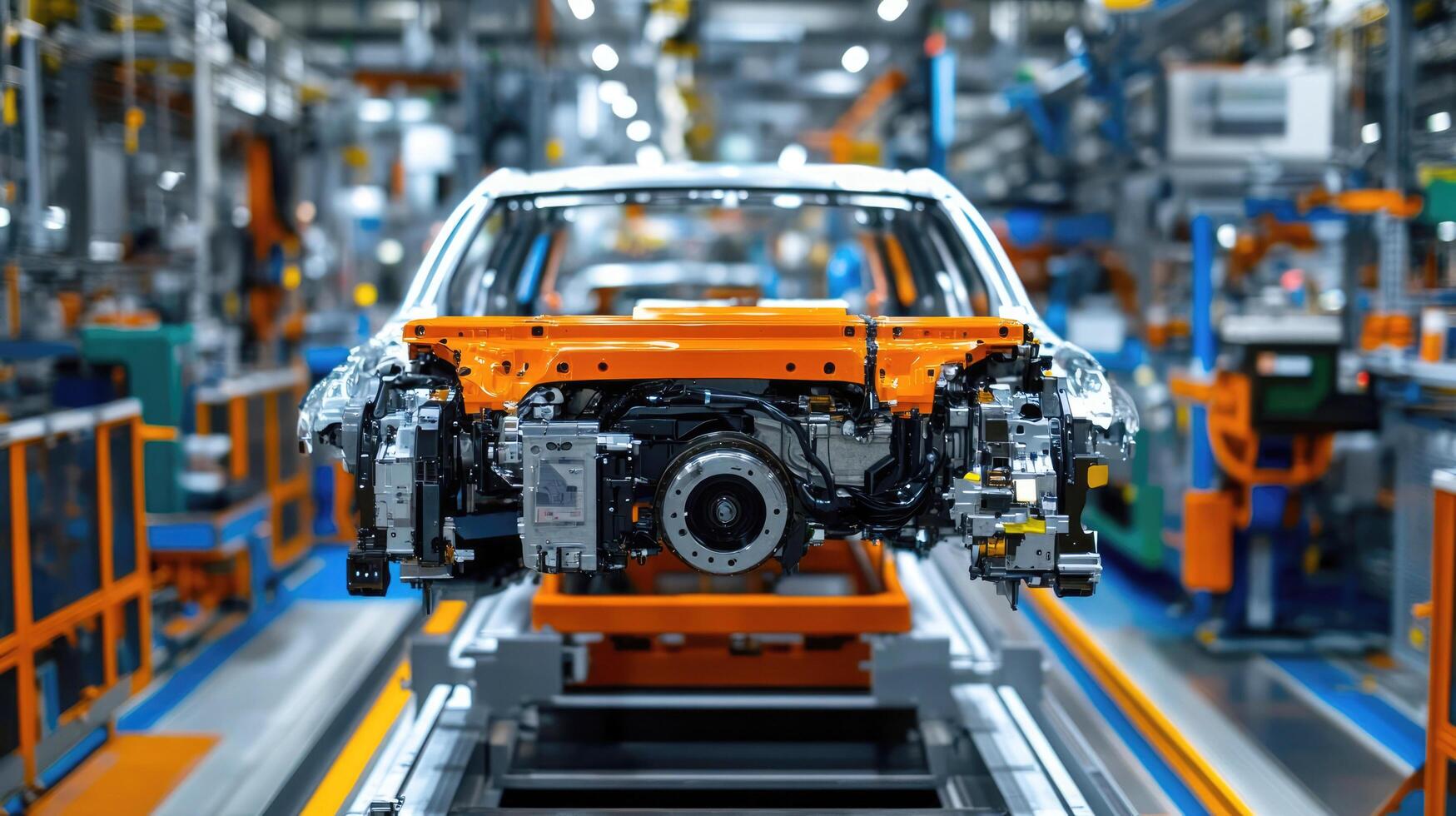 Car assembly line showcasing a detailed vehicle frame in a modern factory photo