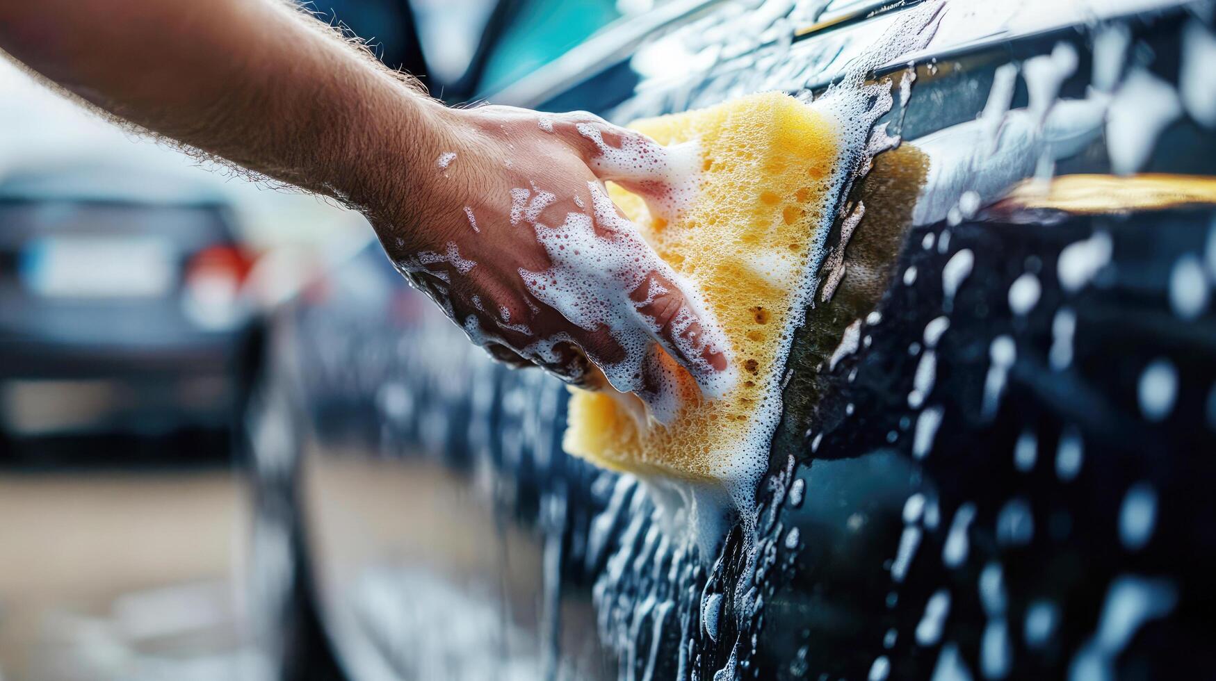 Hand scrubbing a car with soap and water at an outdoor car wash in the afternoon photo