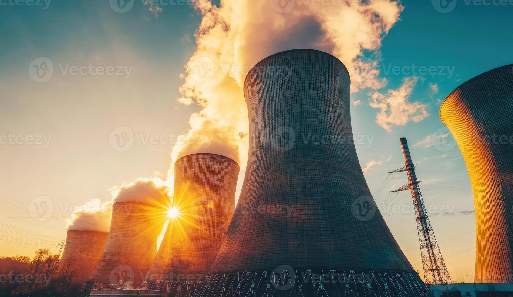 Cooling towers release steam during sunset in an industrial area photo