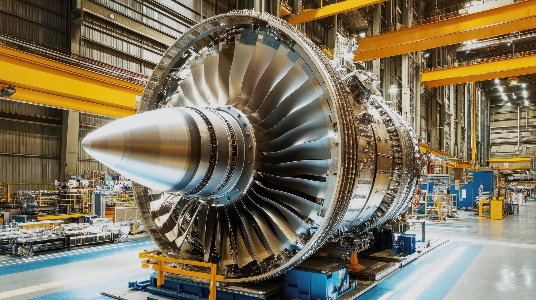 Massive jet engine displayed in a modern manufacturing facility during daylight hours photo
