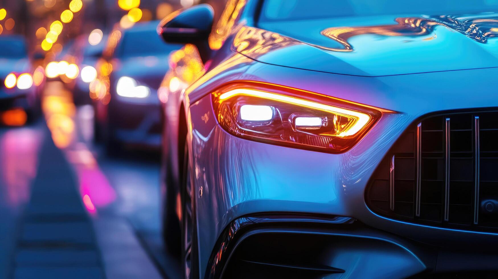 Evening city street with illuminated car front and blurred traffic background photo