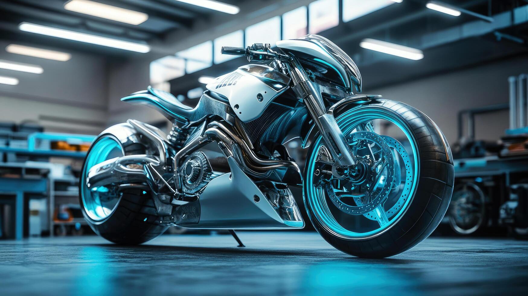 Sleek custom motorcycle in a well-lit workshop showcasing innovative design elements photo