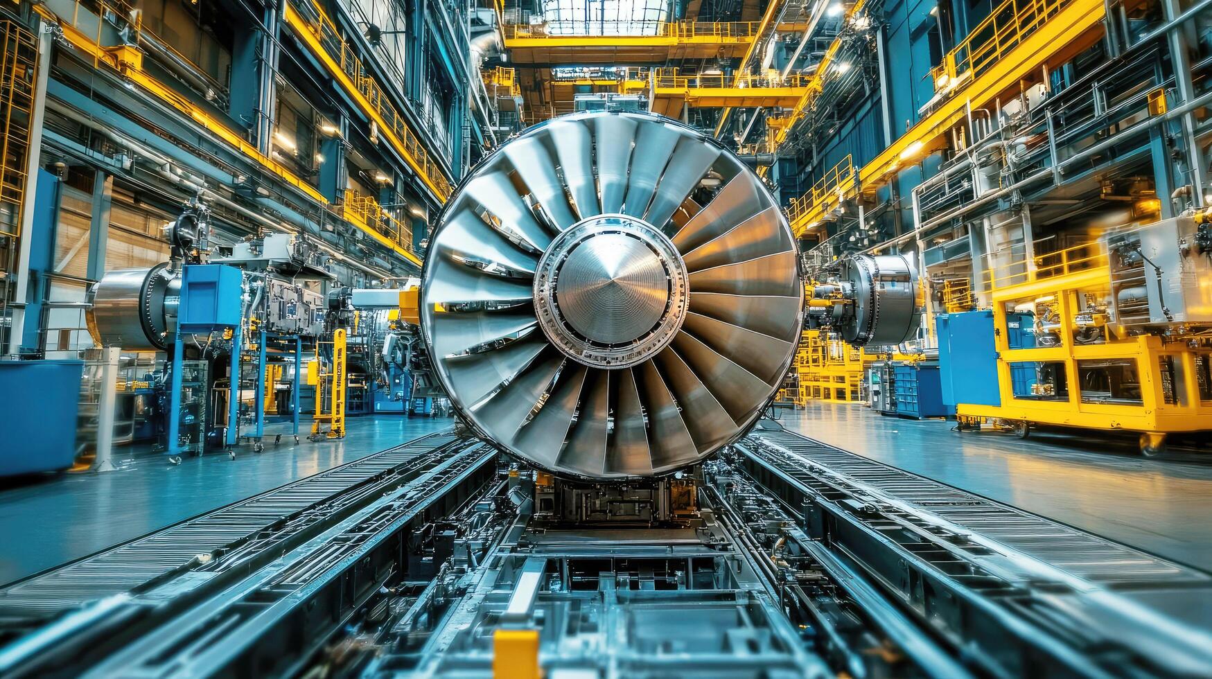 Large jet engine being assembled in a modern manufacturing facility with industrial design photo