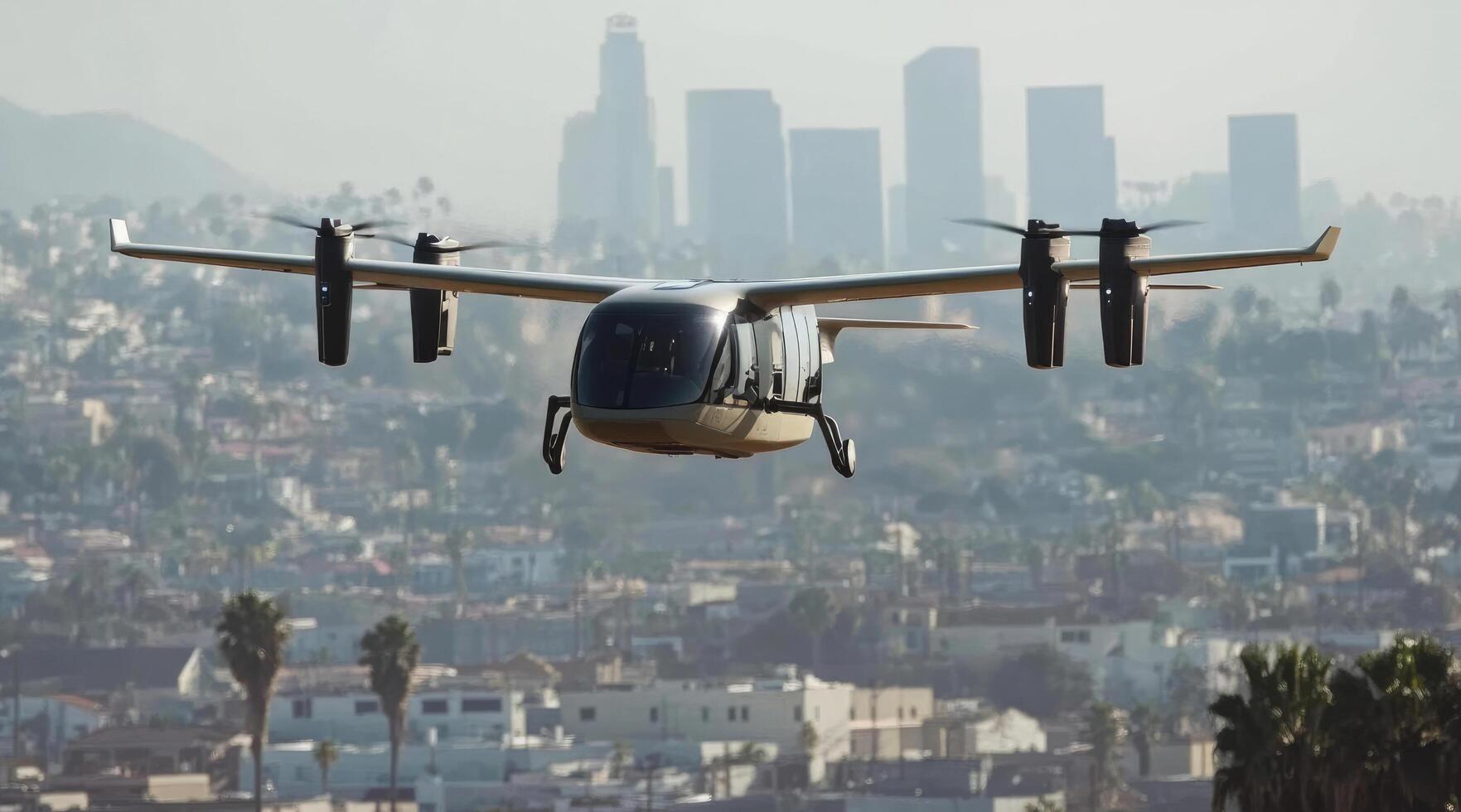 Innovative eVTOL aircraft flies across city skyline during daytime photo