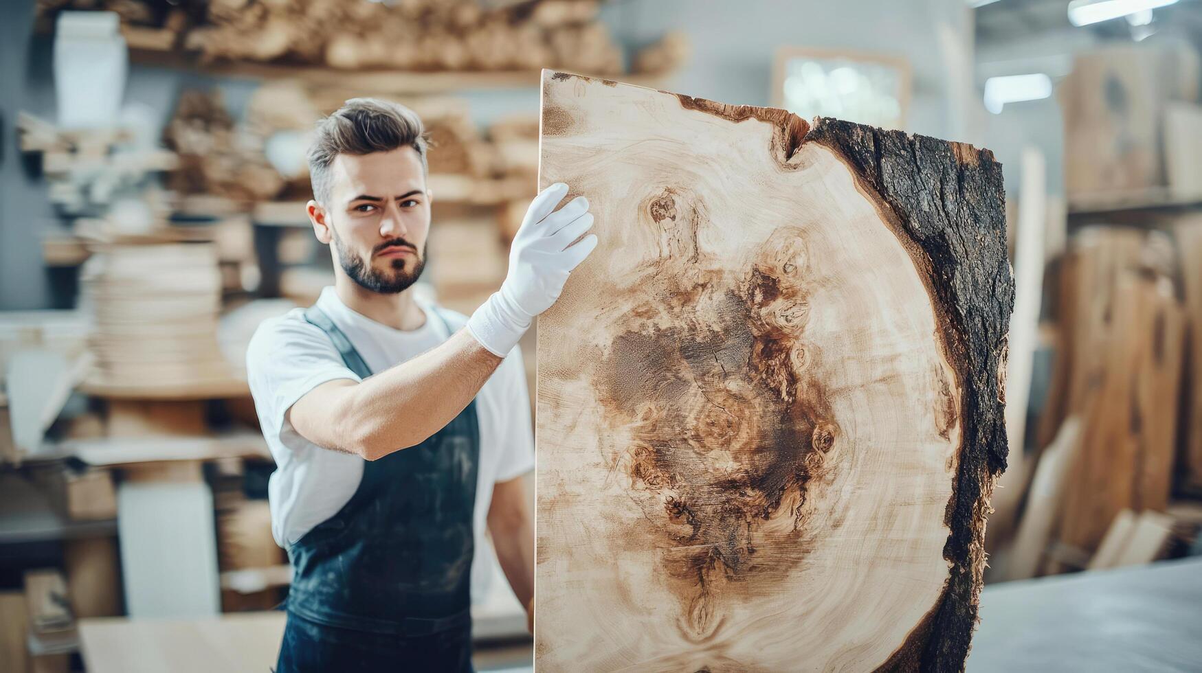 Young artisan showcasing a large wooden slab in a workshop during daylight hours photo