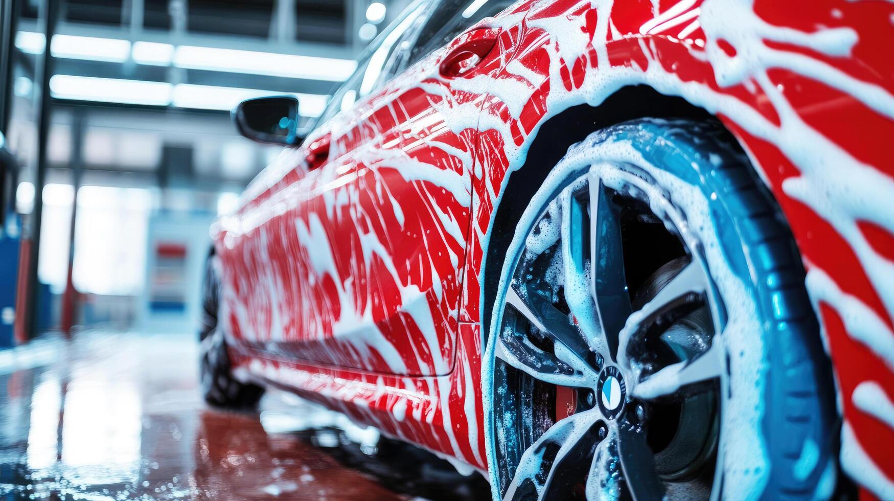 Car being washed with soap at an auto detailing center during the day photo