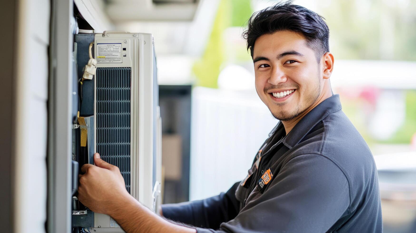 Technician performing maintenance on air conditioning unit at residential property photo