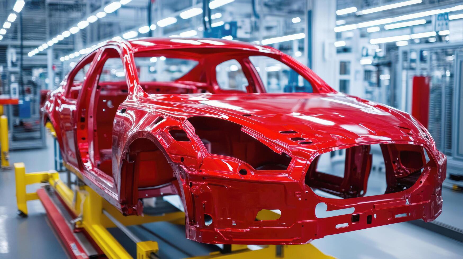 Red car body in assembly line inside modern automobile manufacturing plant photo