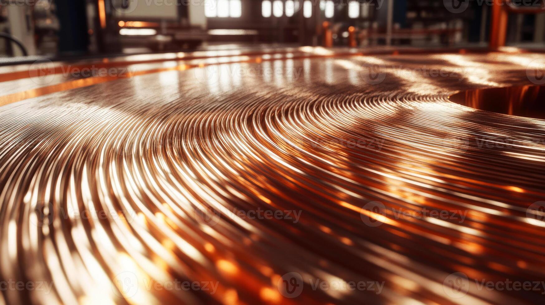 Copper coil glistening under factory lights during manufacturing process photo