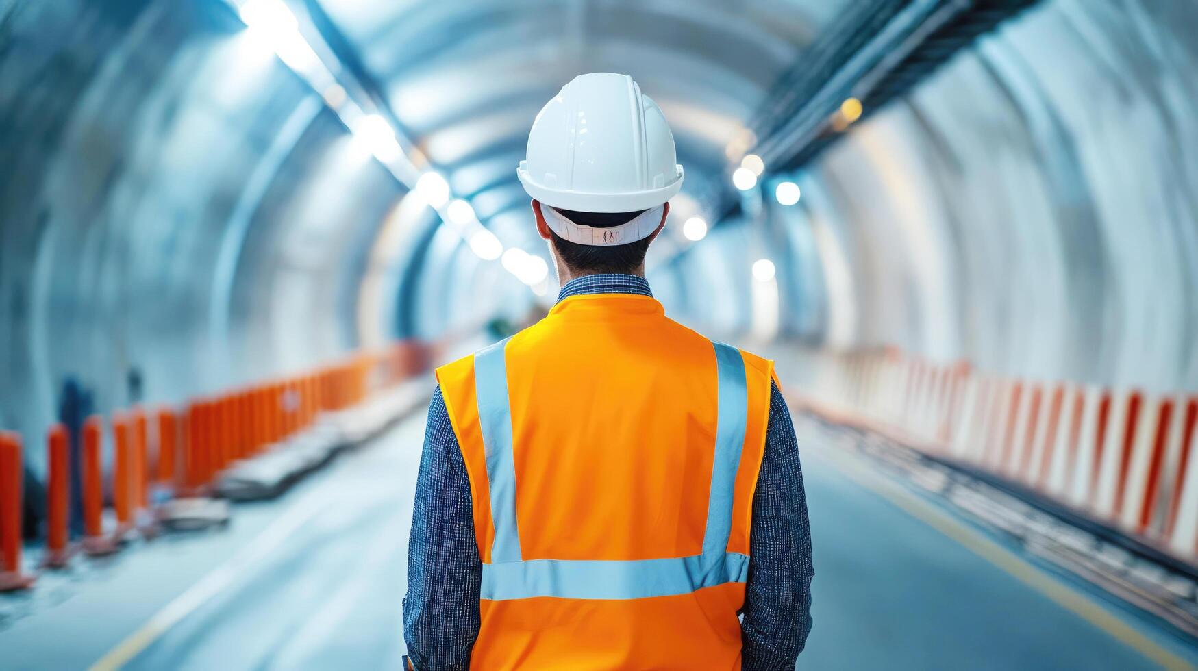 Construction worker oversees progress in underground tunnel during daylight hours photo