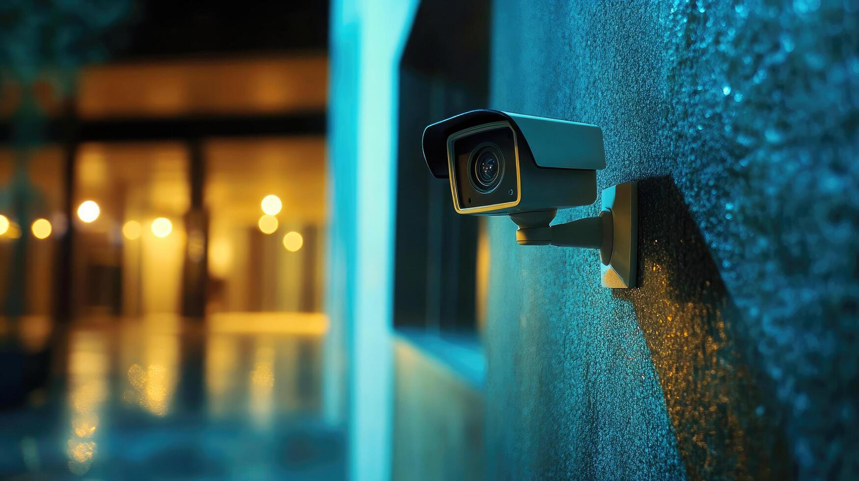 CCTV camera on the facade of a private house in the evening photo