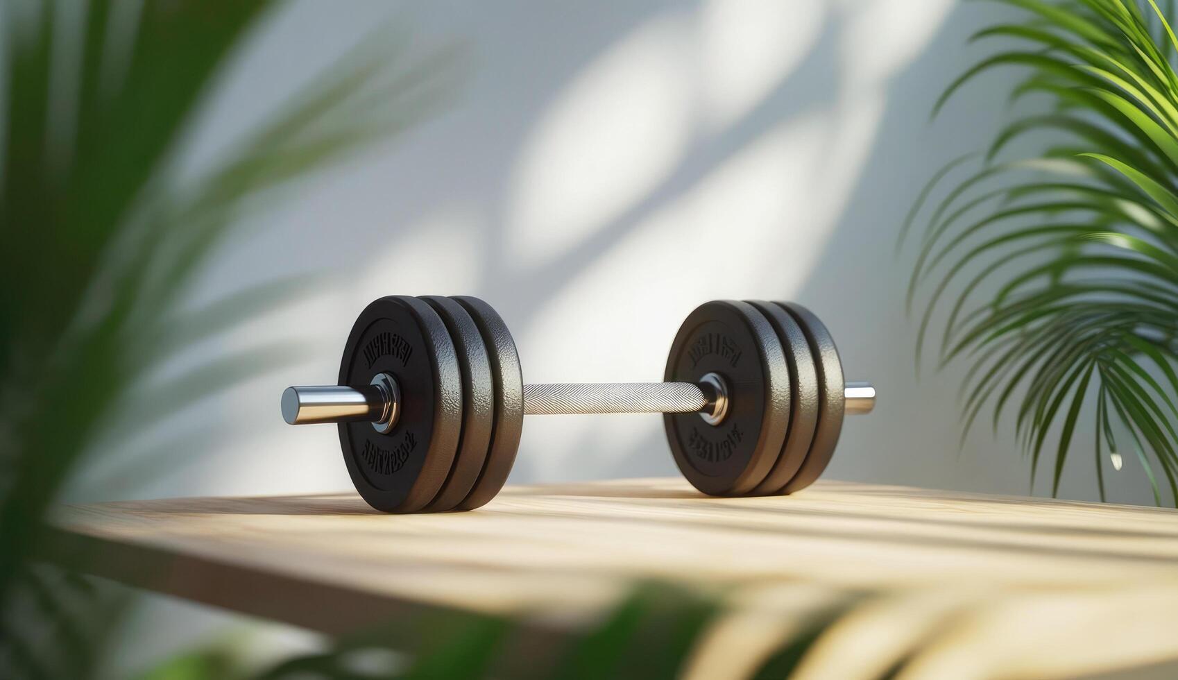 Dumbbell resting on wooden table with green plants in a light-moderated setting photo