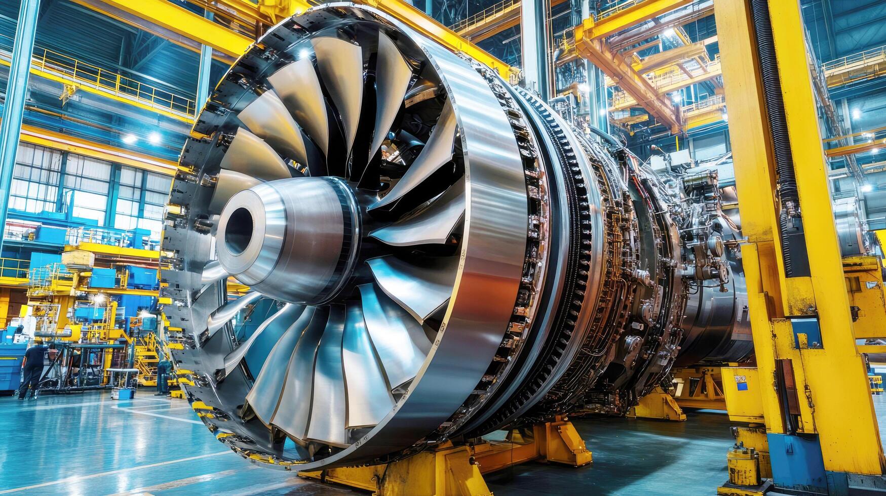 Large jet engine displayed in a modern manufacturing facility with bright lighting photo
