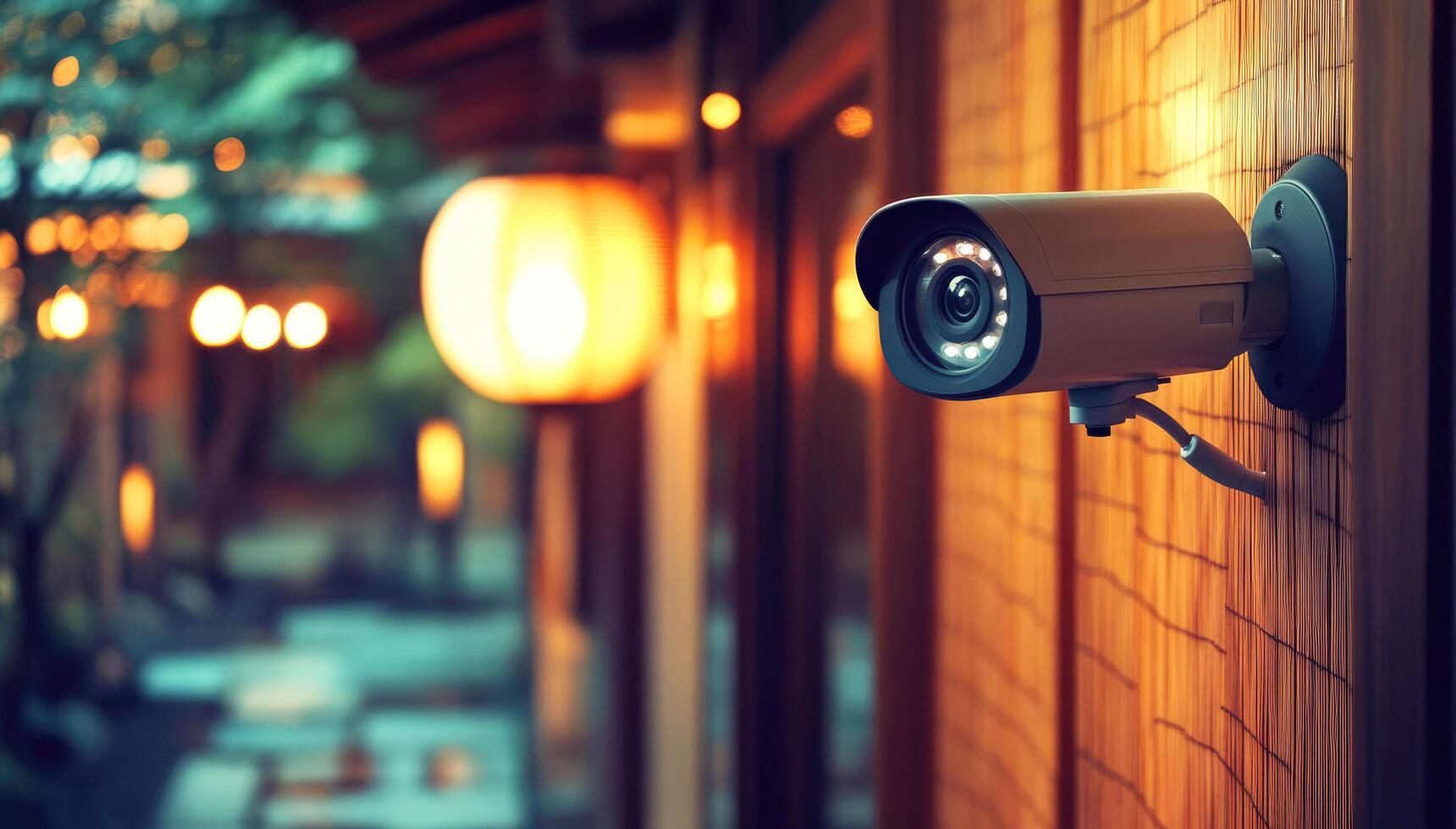 CCTV camera on the facade of a private house in the evening in warm light photo