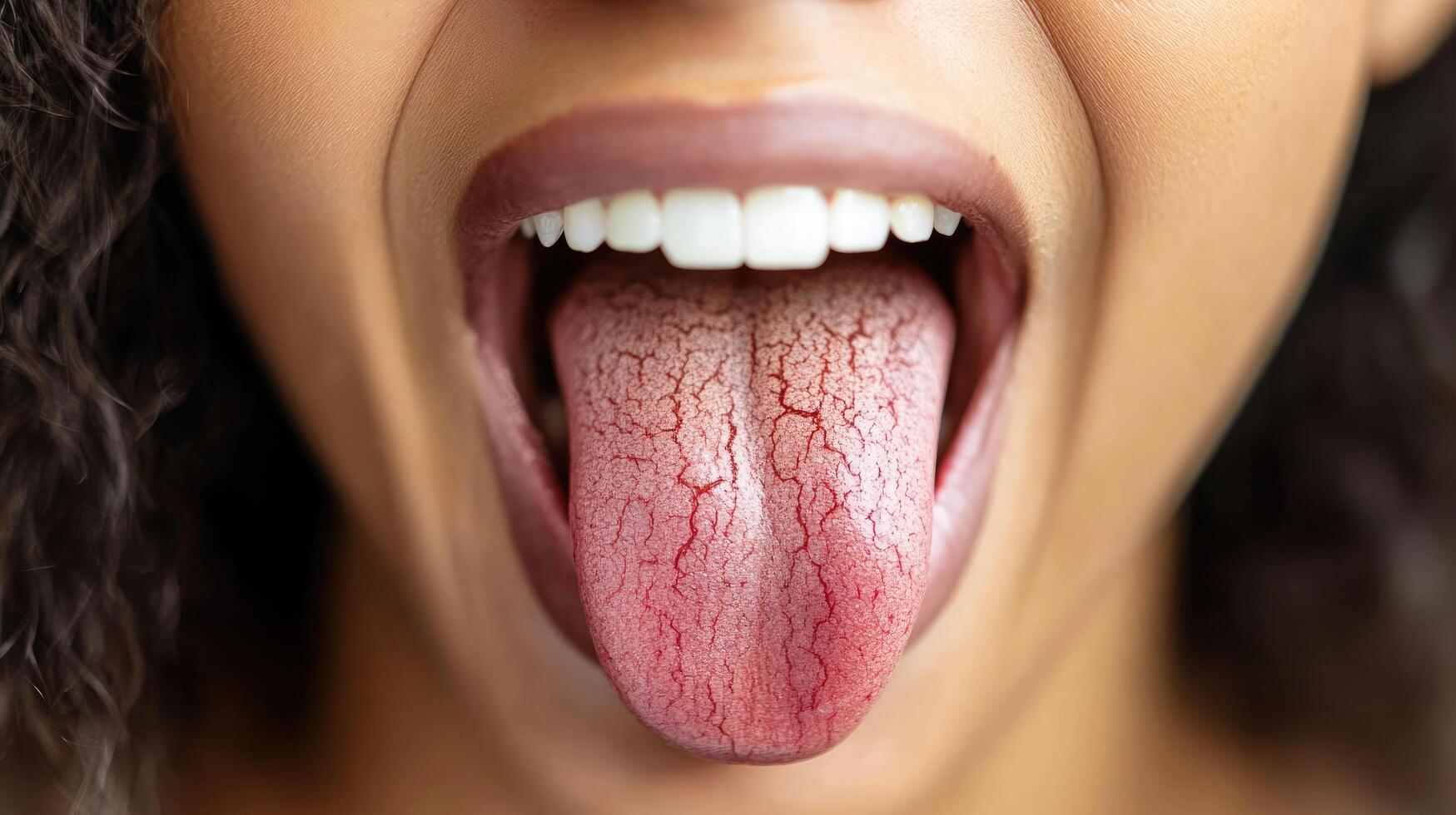 Close-up of a person showcasing a dry tongue with visible cracks in bright lighting photo