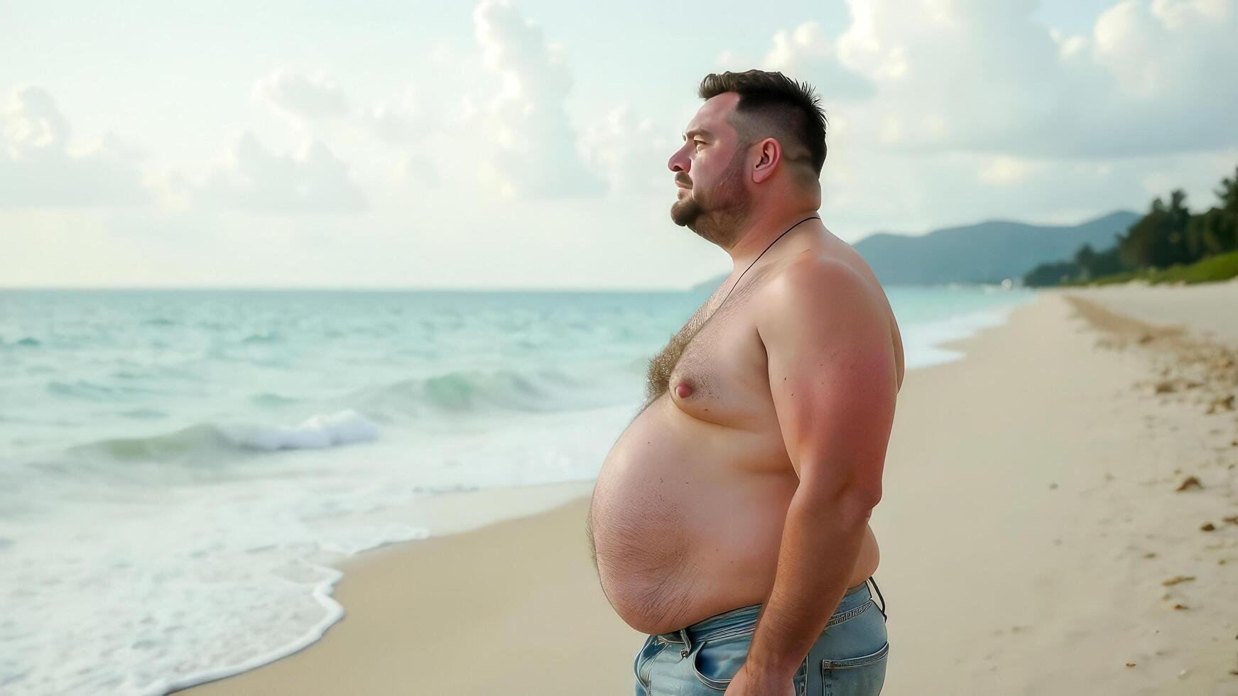 A fat man with a big belly stands on the beach with the sea in the background. obesity concept photo