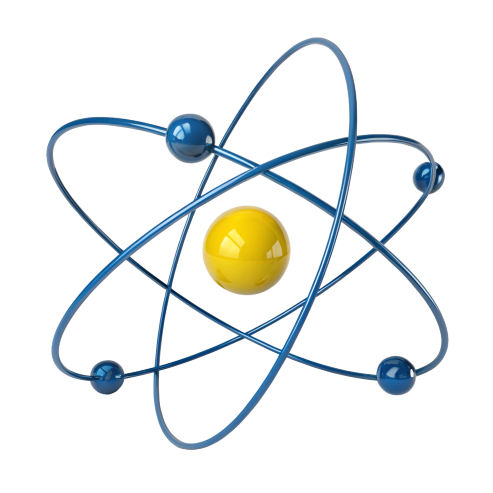 3D Abstract Atom Model Blue Orbitals and Yellow Nucleus, Science Illustration png
