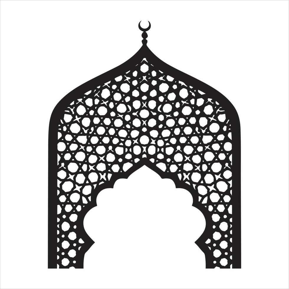 Islamic arch silhouette with geometric pattern and a crescent moon on top. vector