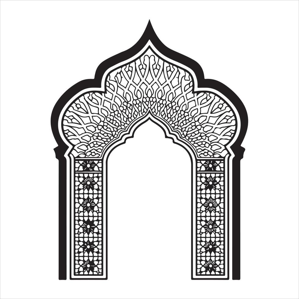Black Islamic arch silhouette with geometric pattern and a crescent moon on top. vector