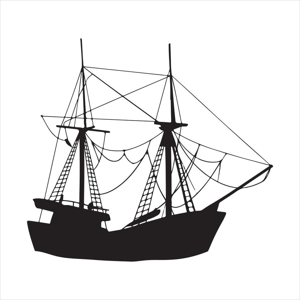 Black Fishing ship deploying nets in the sea Silhouette vector