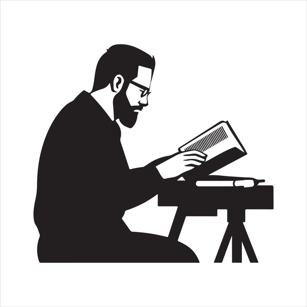 Silhouette of a person reading a book at a desk vector