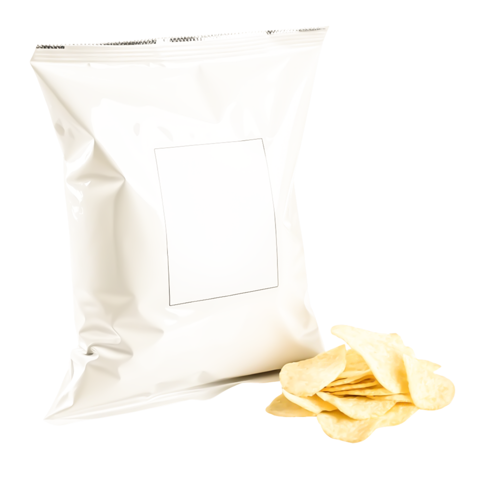 Blank Potato Chip Bag Mockup with Crispy Chips Food Packaging Design png