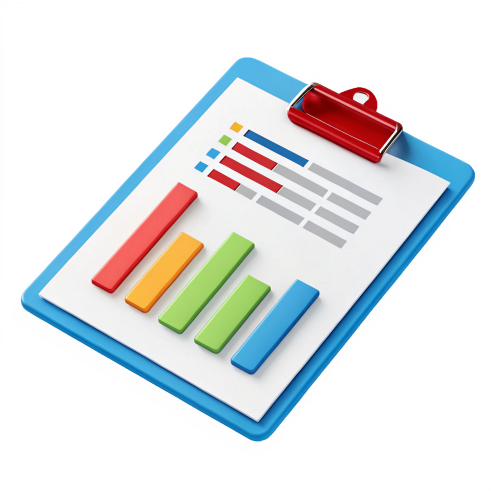3D Isometric Clipboard with Colorful Bar Charts and Data Report png