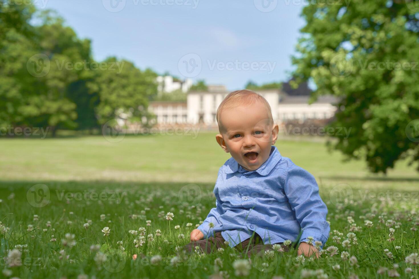 A fair-skinned baby boy with blue eyes sits in a lush green meadow filled with tiny white flowers. Wearing a blue shirt, he enjoys the warmth of a summer day, gazing around with innocent curiosity photo
