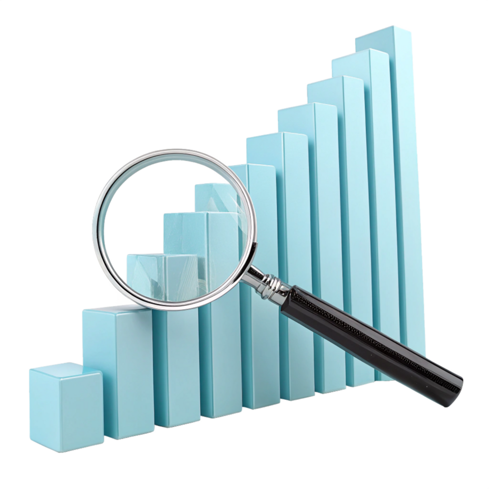 3D Render of Magnifying Glass Analyzing Ascending Bar Graph, Business Growth Concept png