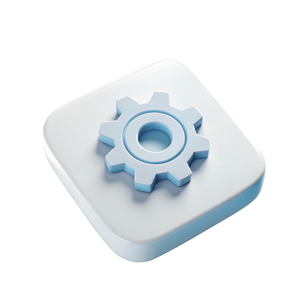 3D Render of a Light Blue Gear Icon on a White Square Button png