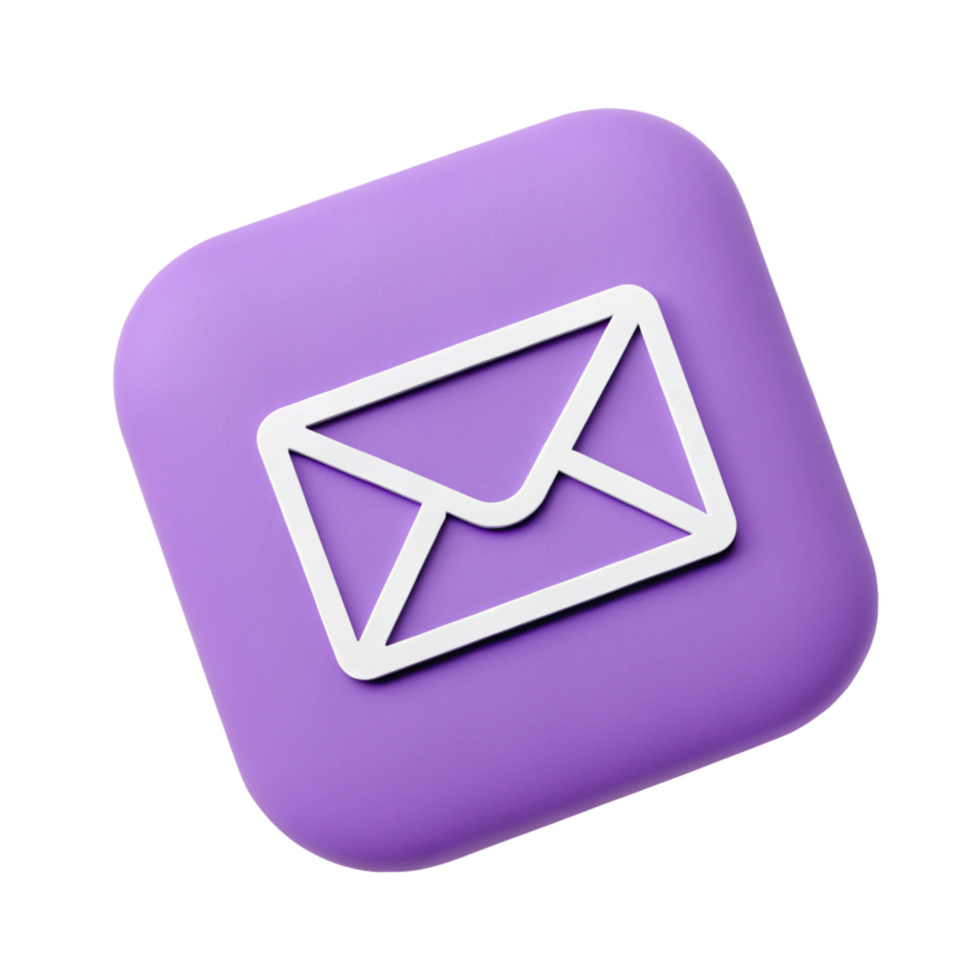 3D Purple Square Button with White Email Envelope Icon Modern App UI Design Element png