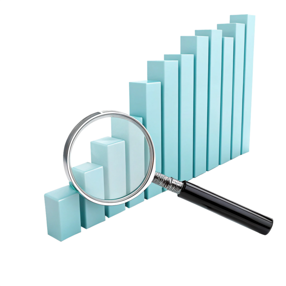 3D Magnifying Glass Analyzing Ascending Bar Chart, Data Growth, Business Success png