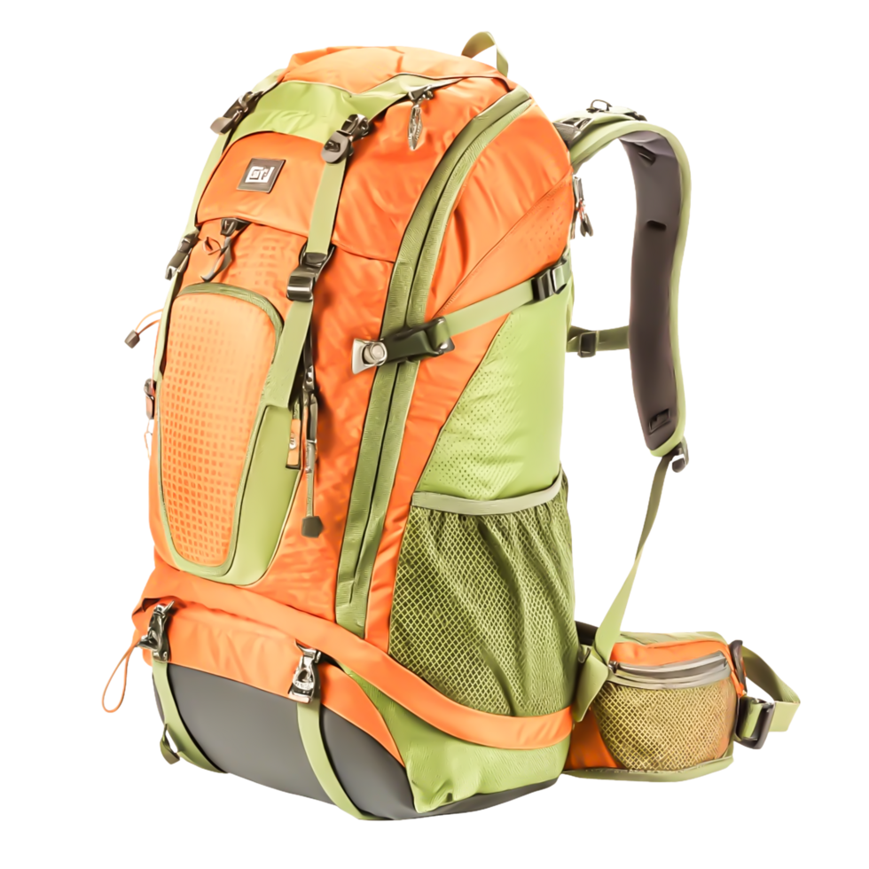 Orange and Green Hiking Backpack, Travel Rucksack, Outdoor Gear, Trekking Bag png