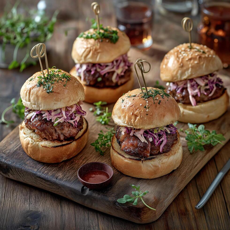 A wooden tray with four hamburgers on it photo