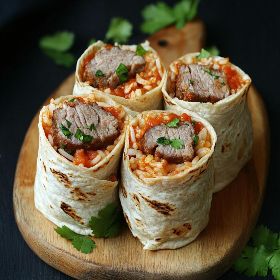 Three burritos with meat and rice on a wooden cutting board photo