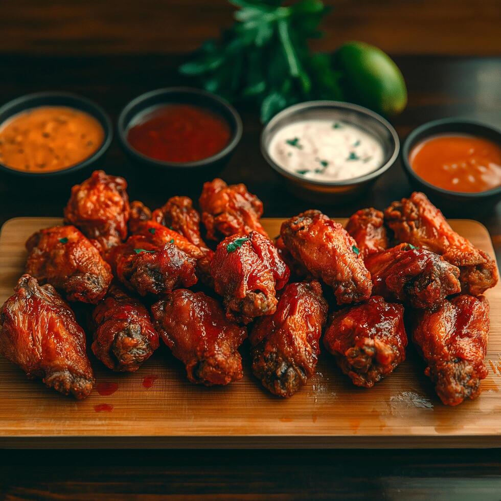 A wooden tray with wings and dipping sauces photo