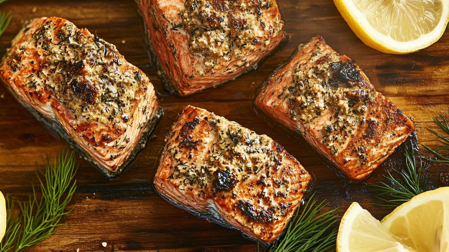 Grilled salmon with herbs and lemon slices photo
