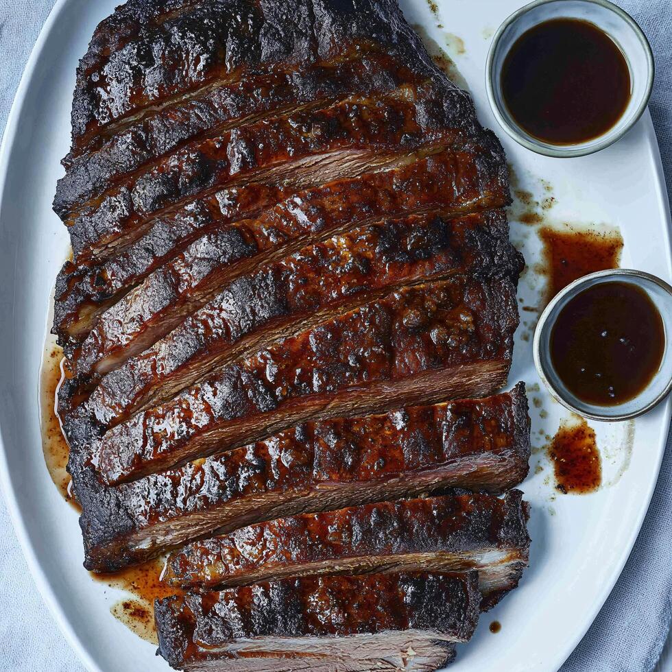 A platter of ribs with sauce and two bowls photo
