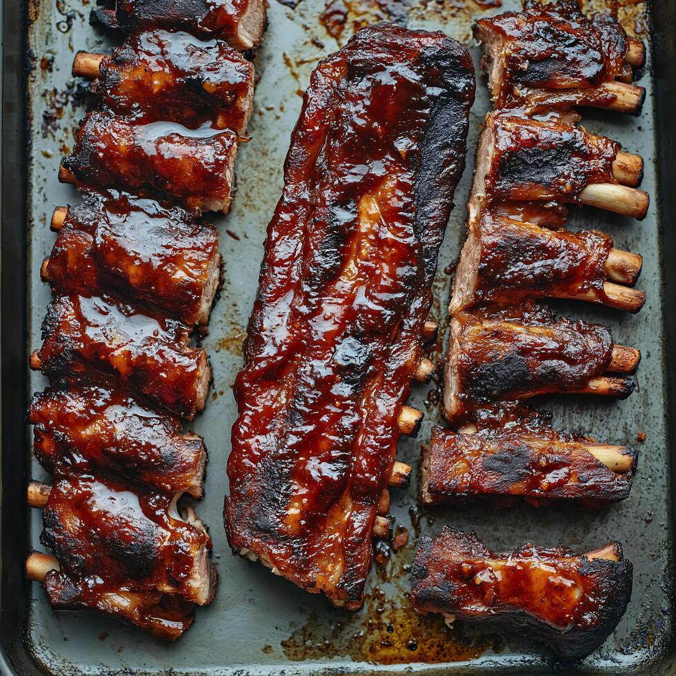 A tray of ribs on a baking sheet photo