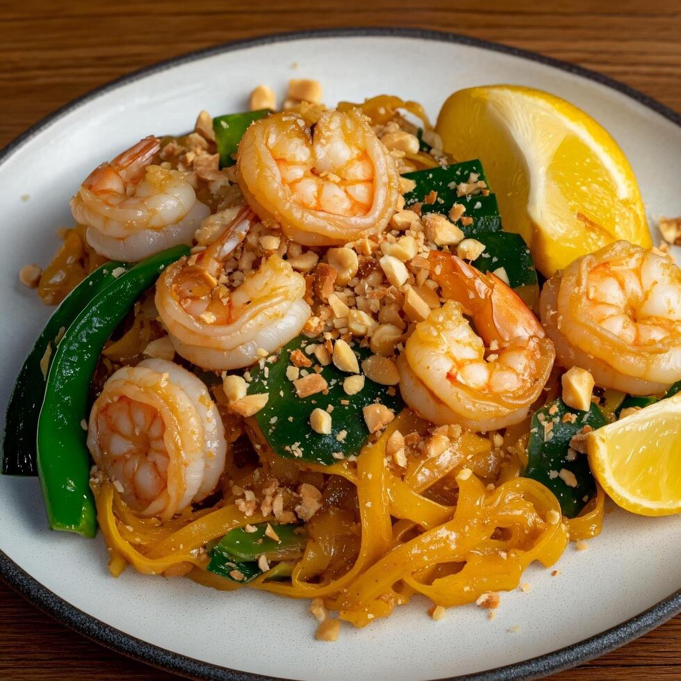 A plate of food with shrimp and vegetables photo