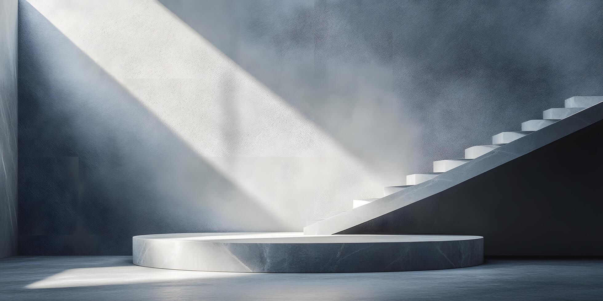 A stairway in a room with a wall and a light photo