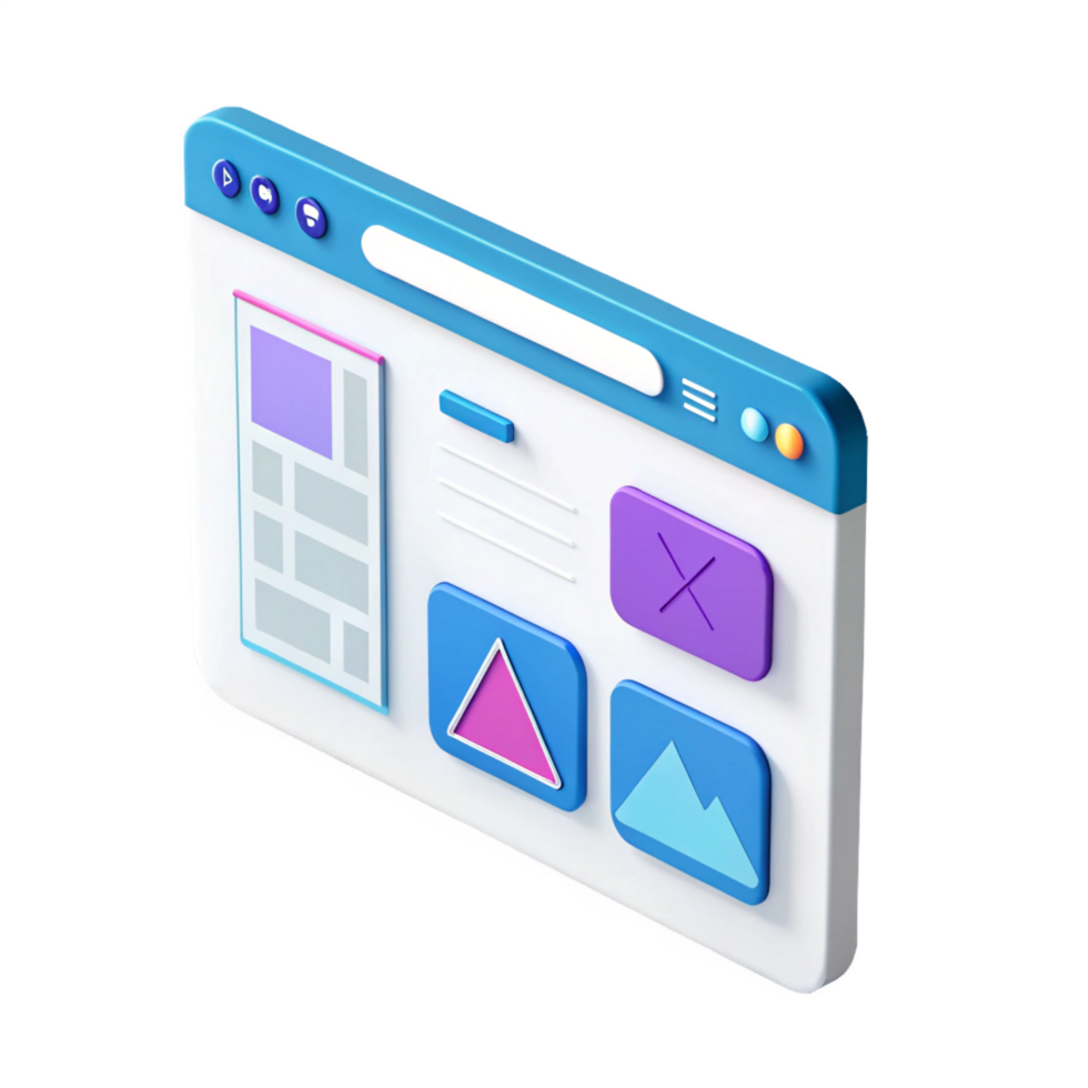 Isometric 3D Website Browser Interface Design with Colorful Icons and Buttons png
