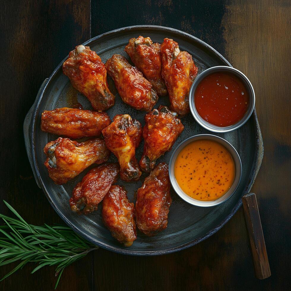 A plate of wings with dipping sauce and a sprig of rosemary photo