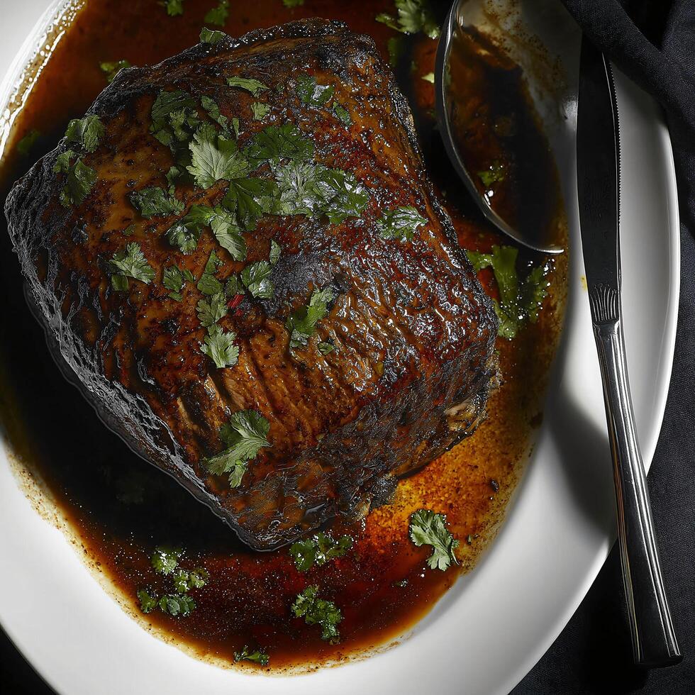 A plate with a steak on it with a spoon photo