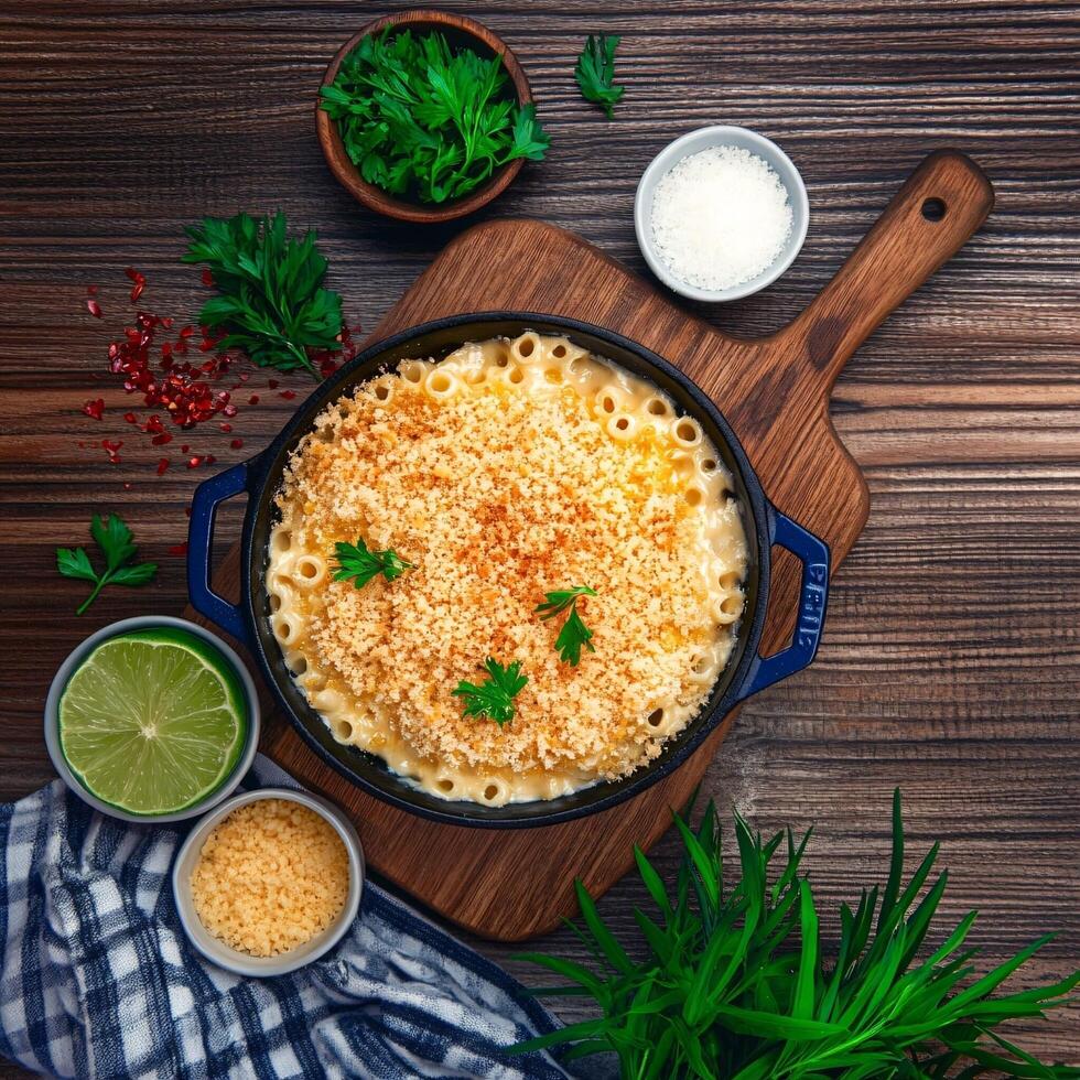 Macaroni and cheese in a pan on a wooden table top view photo