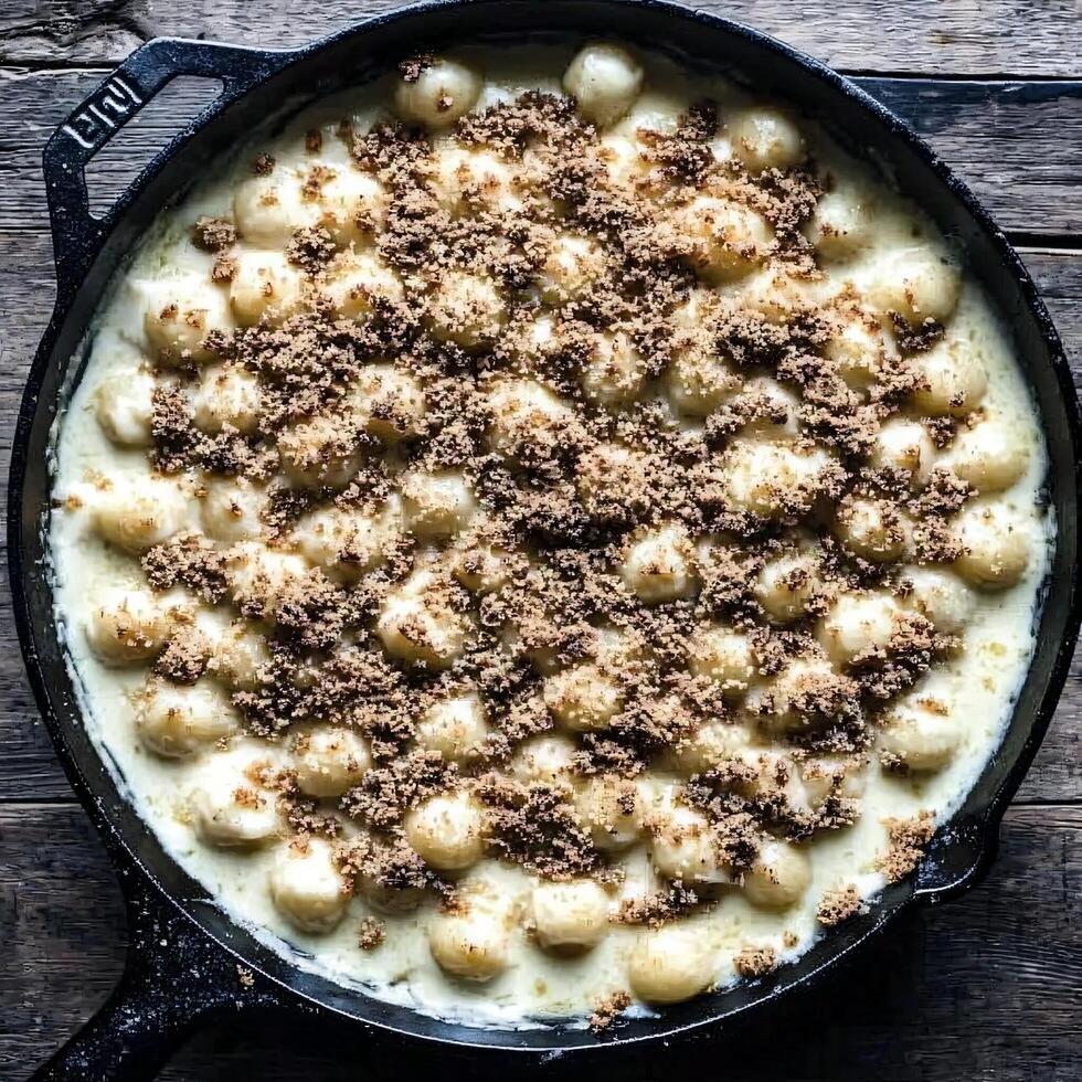 A skillet filled with mashed potatoes and cheese photo