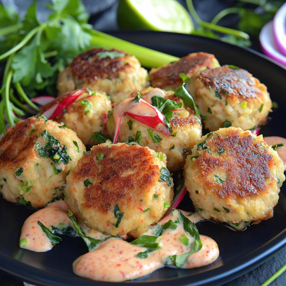 A plate of food with a sauce and vegetables photo